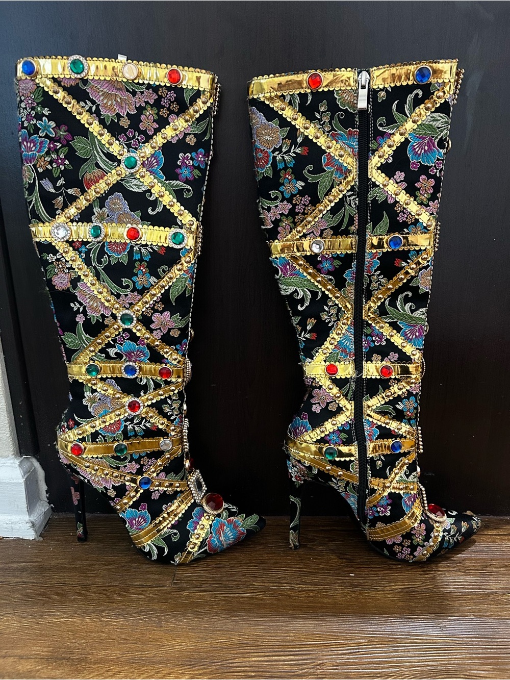 Embellished Black Floral Knee-High Stiletto Boots